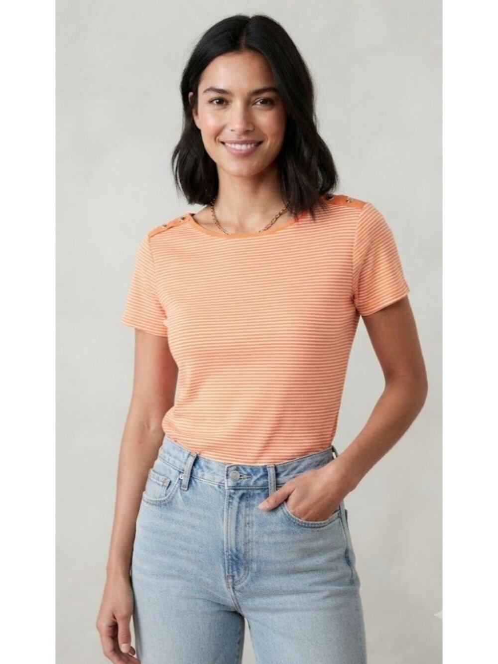 Lauren Ralph Lauren Petite Orange & White Striped Short Sleeve Top P/M